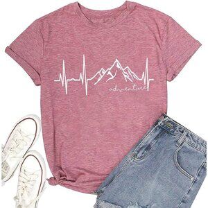 🆕Women Pink Cotton Blended Graphic T-Shirt Mountain Adventure Hiking